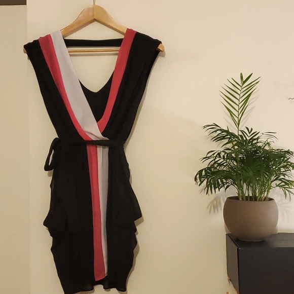 bebe Dresses & Skirts - bebe Black Chiffon Dress with Pink & White Trim XXS